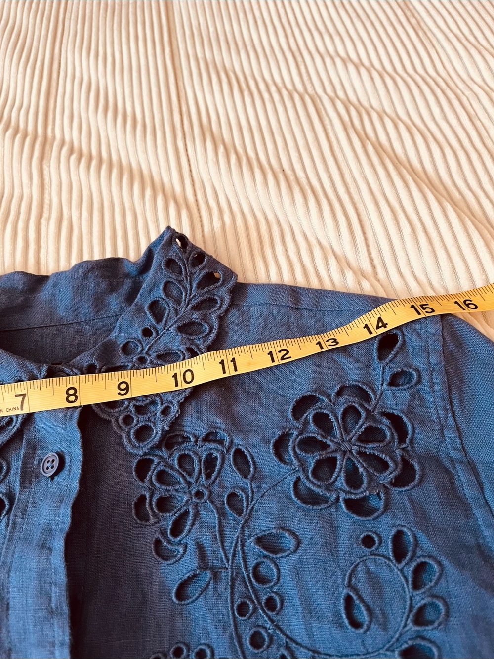 Womens Blue Linen  Eyelet Cutout Button-Up Blouse - Picture 7 of 11